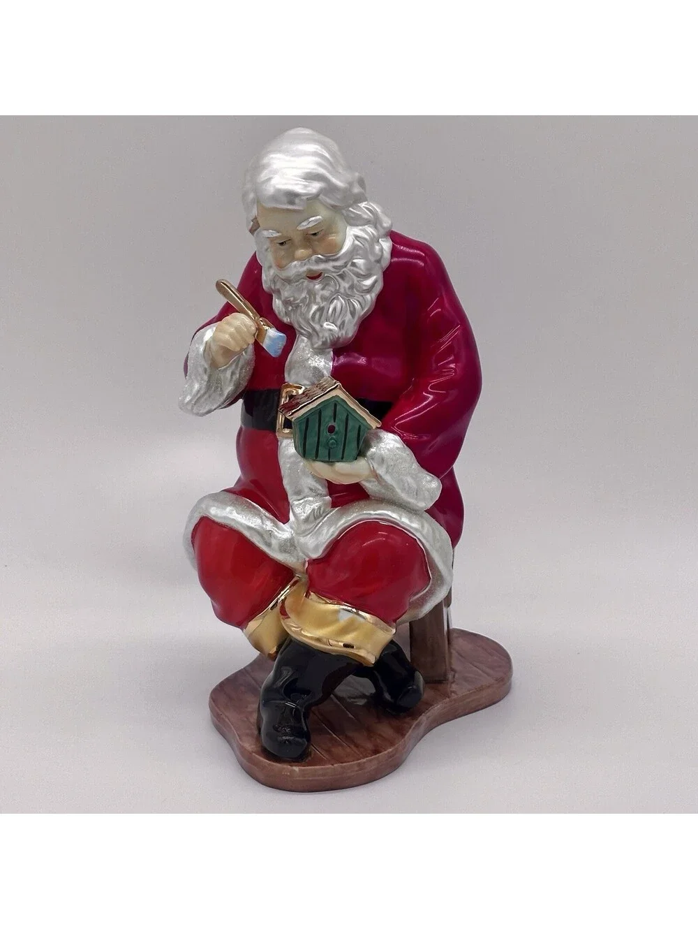 Santa Claus Painting a Birdhouse Glazed Porcelain 24K Gold Trim Figurine O’Well